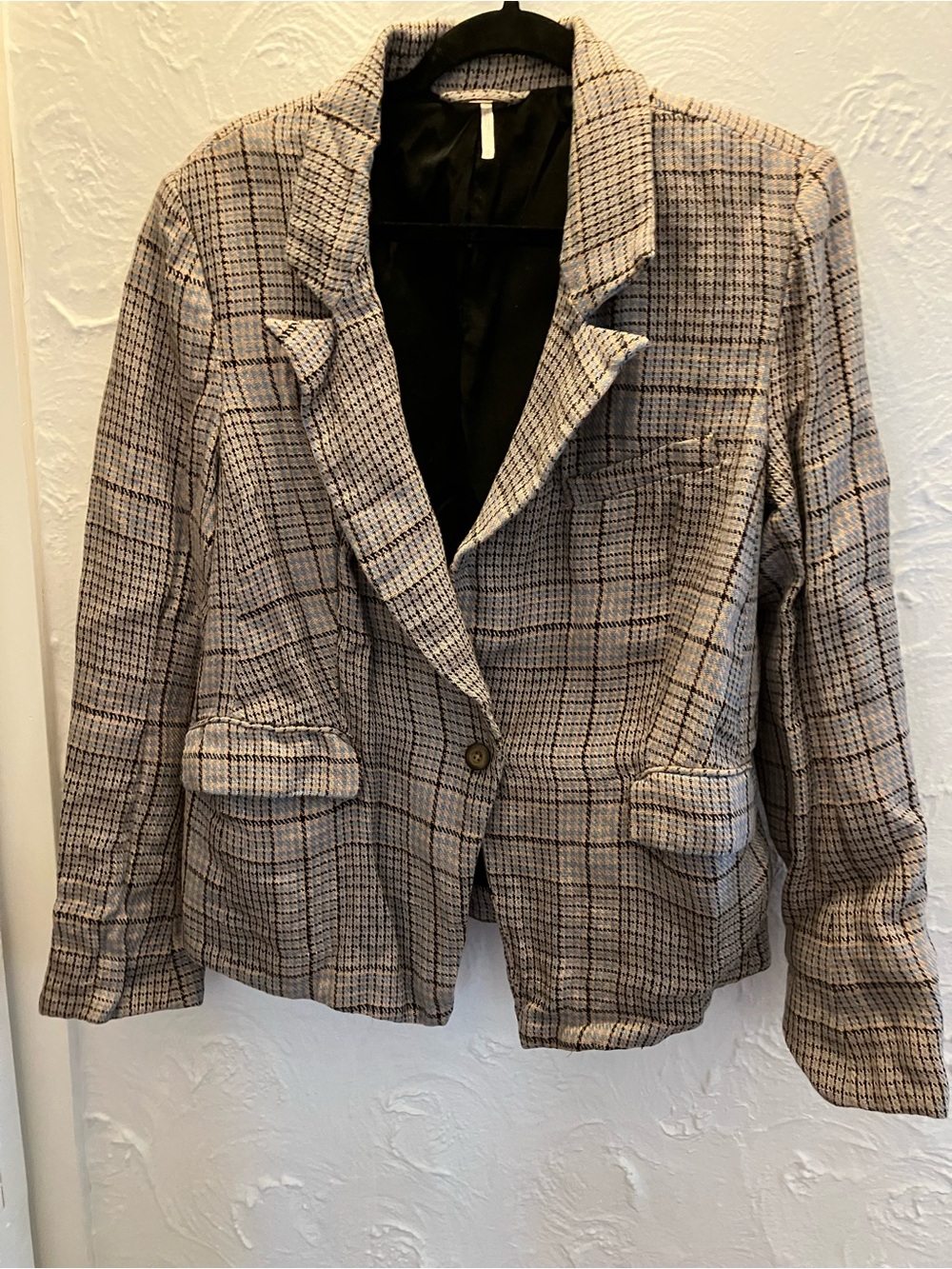 Free People Beige, Blue and Black Plaid Single-Button Blazer
